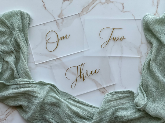 Frosted Acrylic Table Numbers, Numbers With Gold Lettering