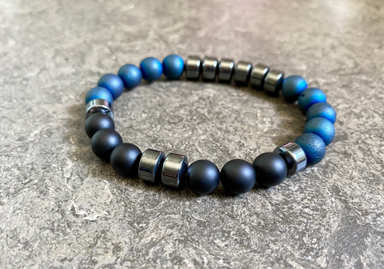 Men's Beaded Crystal Bracelet, Grounding Negative Energy Protection, Hematite Black Onyx Druzy, Unisex Jewelry
