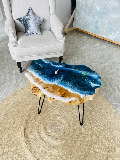 Epoxy Resin Coffee Table, Ocean Live Edge Waves Beach