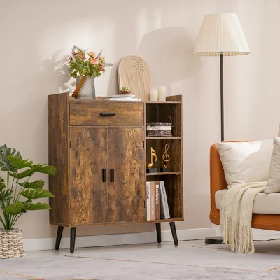 Millwood Pines Floor Storage Cabinet, Free Standing Cupboard With 1 Drawer 2 Doors 3 Shelves And 4 Legs, Accent Side Cabinet, Wooden Sideboard Storage