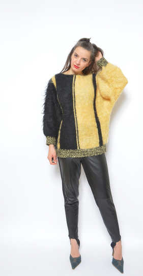 Color Blocking Mohair Sweater/ Vintage 90S Oversized Woolwinter Fuzzy Pullover - Size Large/Medium