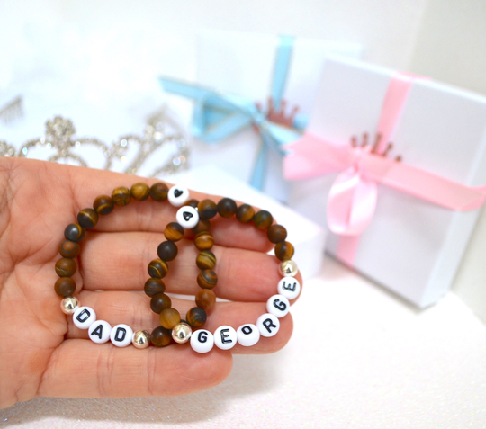 Father & Son Personalized Tiger Eye Gemstone Bracelet, Holiday Gift, Boys Baby Shower Fathers Day Gift For