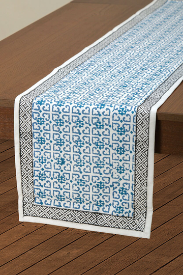 Blue Geometric Block Print Table Runner