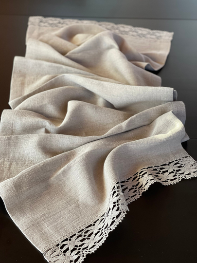 Rustic Linen Table Runner, Grey Runner Vintage Stonewashed Farmhouse Natural Grey Floral Lace
