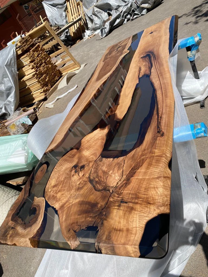 Handmade Epoxy Table, Resin Custom 115" X 42" Walnut Smokey Gray River Order For Kathy