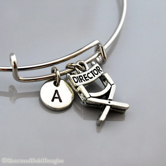 Director's Chair Charm Bangle, Bracelet, Movie, Film Student, Expandable Personalized Initial Bracelet