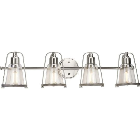 Conway Collection 4-Light Brushed Nickel Clear Seeded Glass Farmhouse Bath Vanity Light