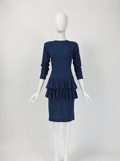Vintage 80S Dress, Navy Blue Ruffle Long Sleeve Shoulder Pad Pencil Small Size 4 Us, 8 Uk, G195