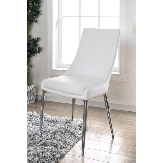 Leatherette Upholstered Metal Side Chair with Tapered Legs, Pack of Two, White and Silver - 34.5 H x 19.25 W x 24.25 L Inches