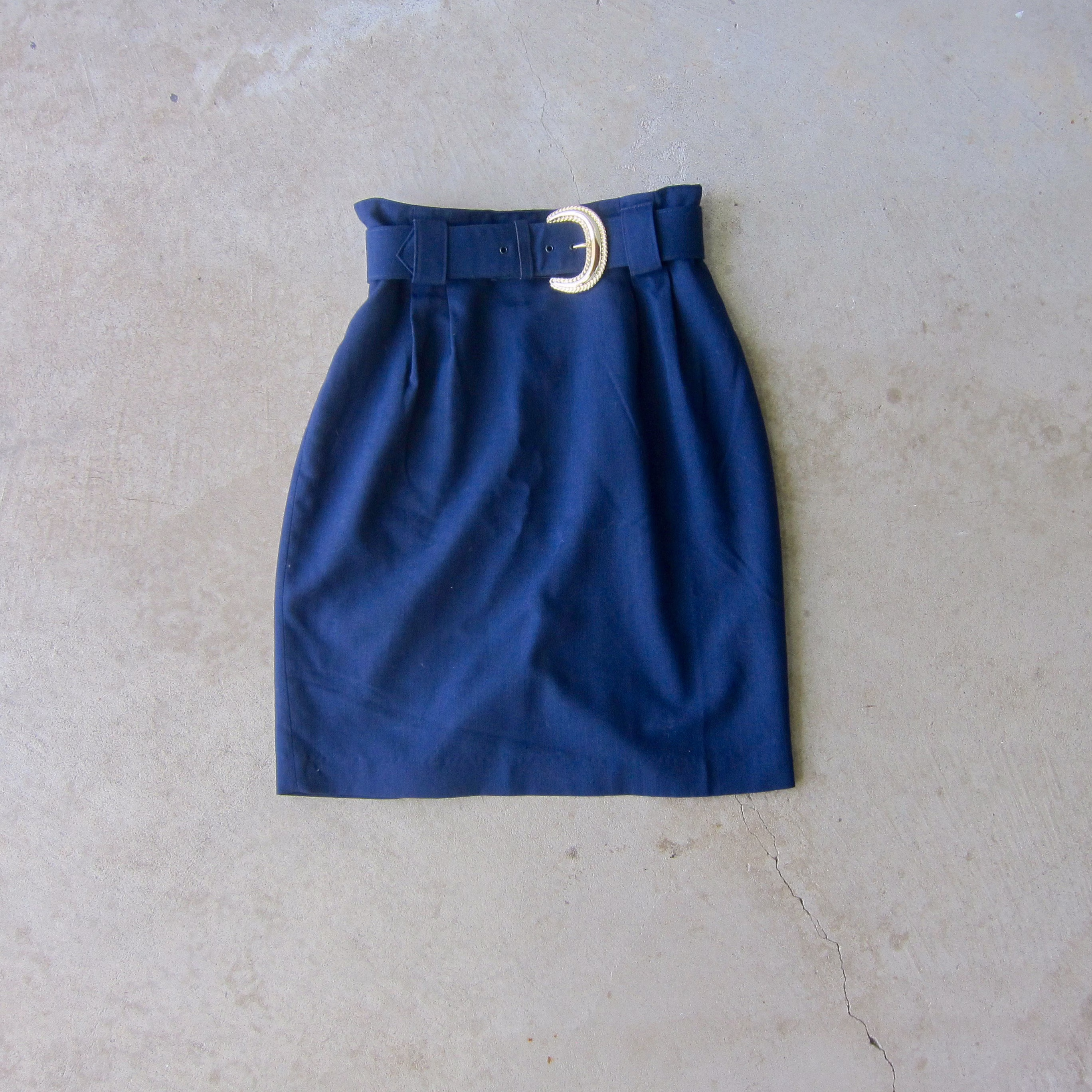 80S Navy Blue Pencil Skirt | Modern High Waist Belted Secretary Office