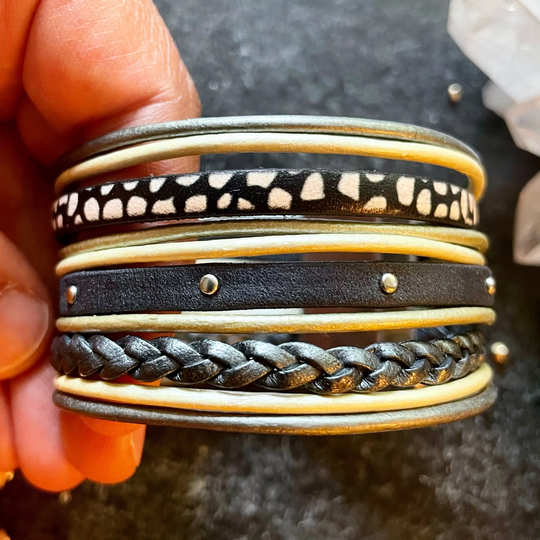 Leather Cuff Bracelet - Genuine Black & White Neutral Colorway Made By Maggie Favorites
