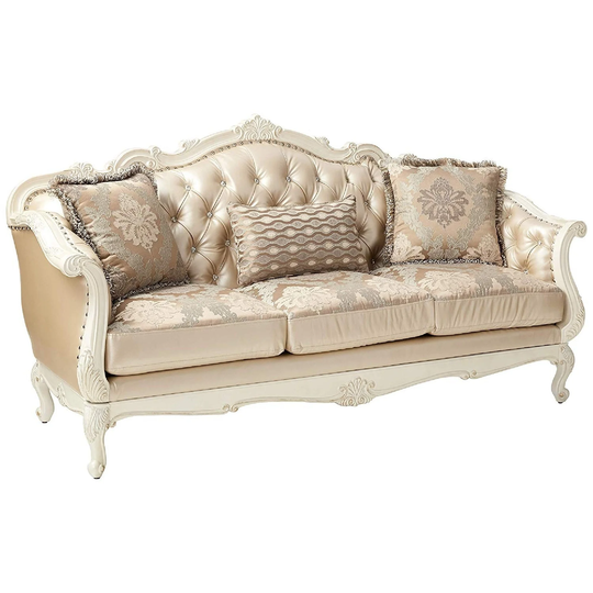 Transitional Upholstery and Poly Resin Sofa with Pillows, Gold and White
