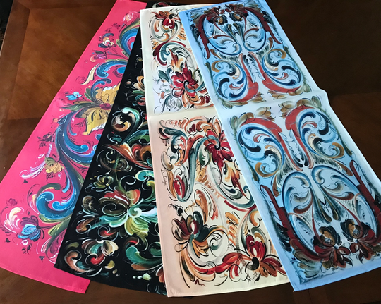 Norwegian Rosemaling Table Runner, Assorted Asymetrical Telemark Designs, 12" X 36", Lise Lorenten Runner