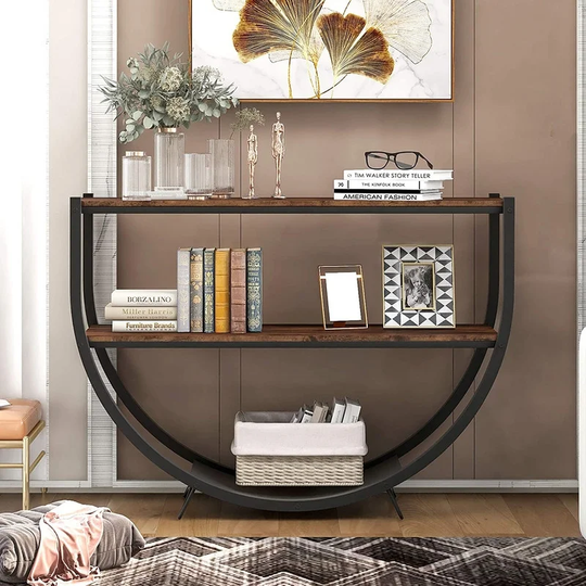Industrial Sofa Console Table, Metal Demilune Shape Sofa Display Table with Three Shelves, Foyer Table for Hallway, Corridor