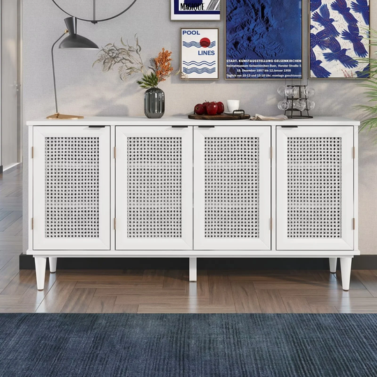 58'' Coastal Wide Buffet Sideboard, Wood Storage Cabinet with Rattan Door and Adjustable Shelves for Living Room, Bar, Entryway