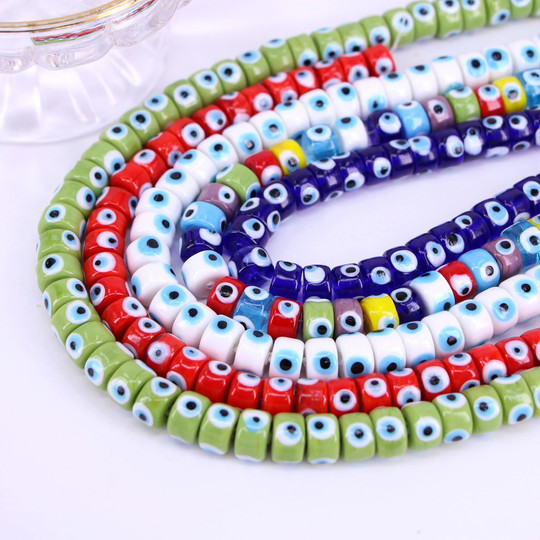 3 Strands, Mixed Color Evil Eye Flat Round Beads, Assorted Lampwork Glass Bracelet Bead, Turkish Eye