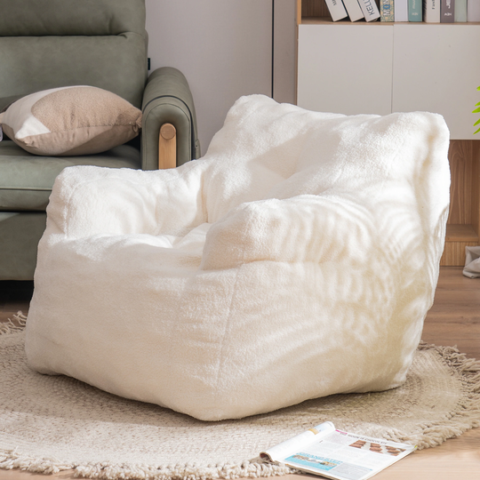 Soft Tufted Foam Bean Bag Chair Lounge Chairs Teddy Fabric Ivory Chaise Lounges with Filling High Resilience Foam Padded Seat