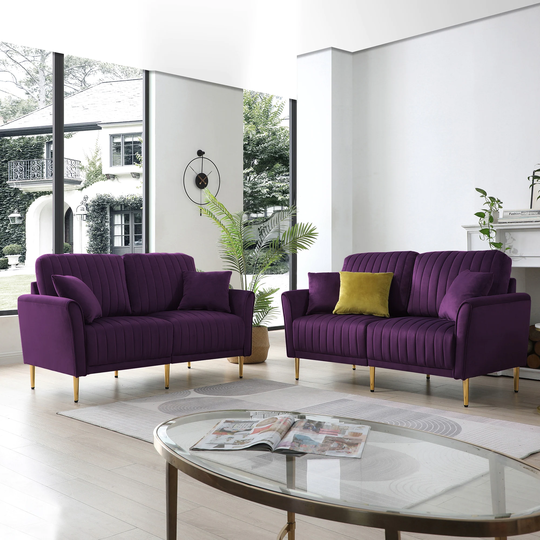 2-Piece and 2-Piece Purple Velvet Upholstered Living Room Sofa Set, Including 2 Pieces 2 -Seater Sofa with Channel Tufted