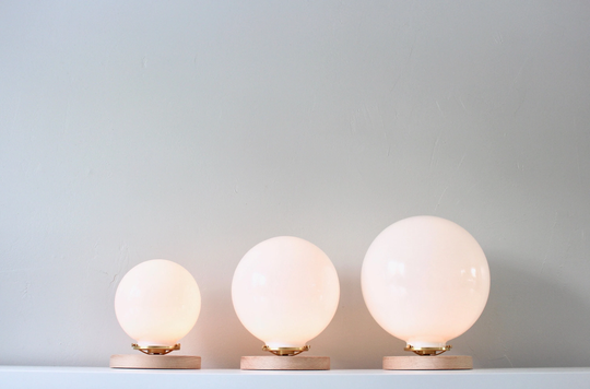 Bubble Lamp, Table Lamp With 8" White Glass Globe Shade, Wooden Base, Brass Shade Holder, Mid Century Modern Desk Lighting Fixture