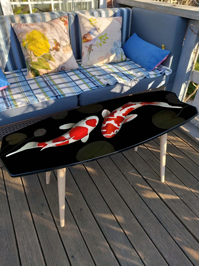 Surfboard Table, Koi, Surfing Gift, Bar Decor, Beach Art Decor