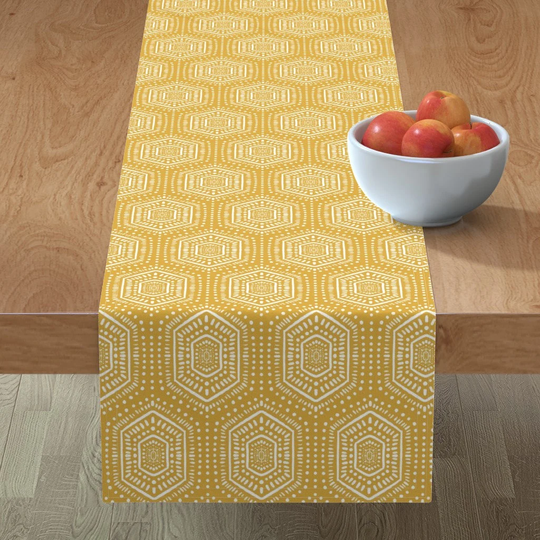 Bohemian Table Runner - Boho Painted Mustard By Designdn Mudcloth Hexagon Geometric Cotton Sateen Spoonflower