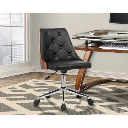 Armen Living Diamond Mid-Century Office Chair in Chrome finish with Tufted Black Faux Leather and Walnut Veneer Back