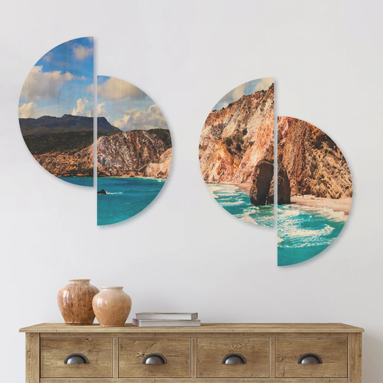 Designart 'Greek Islands Scenic Beaches' Landscape Wood Wall Art Set of 4 Half Circles - Multi-Color