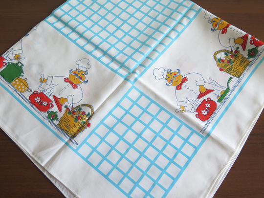 Table Cloth Kitchen Scene Chef Cooking, Blue White Checked #4-30-43