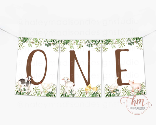 Farm One High Chair Banner, First Birthday One Banner, Greenery Animals, Party Sign, Floral Birthday Banner Hm596