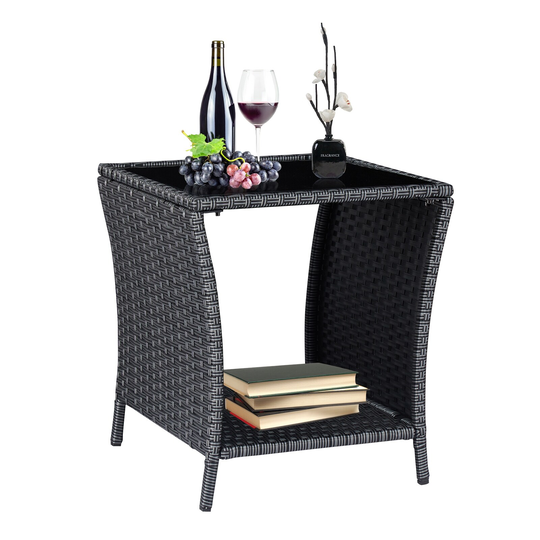 Patio Wicker Rattan Side Table Outdoor End Table,Outdoor Coffee Table w/ Storage Tempered Glass Top Bistro Table, Black Silver