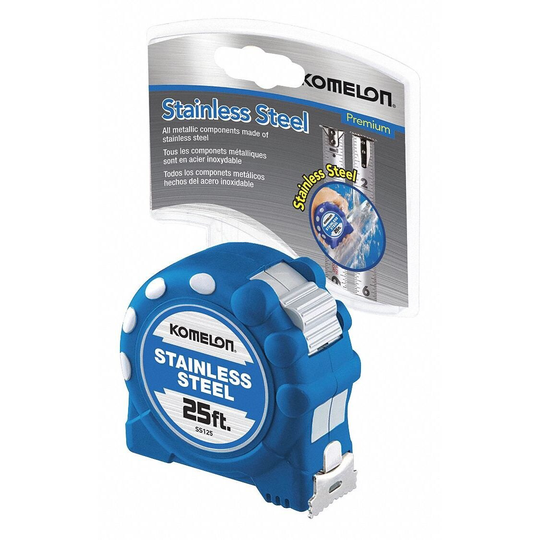 Tape Measure: 25 ft Blade Lg, 1 in Blade Wd, in/ft, Closed, Rubberized, Stainless Steel - 1 Each