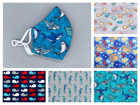 Ocean, Fish, Shark, Whale, Sea Horse Face Mask - Adult, Child, Kid, School, Adjustable, Nose Wire, Cotton, Washable, Handmade, Reusable