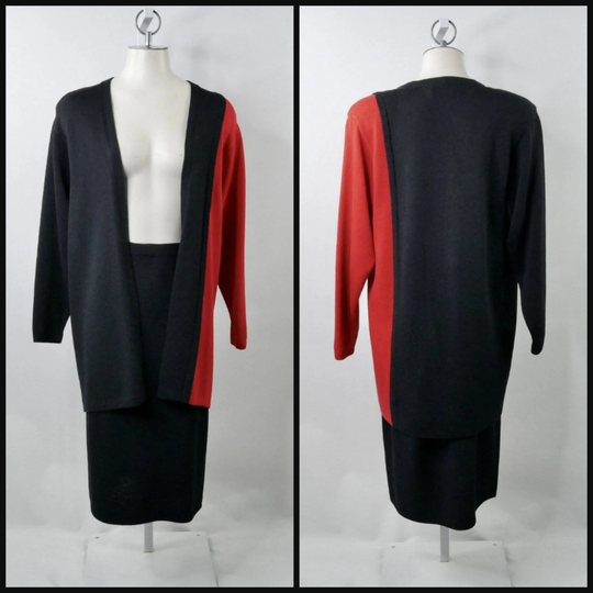 st John By Marie Gray Knit Skirt Set 80S Vintage Long Jacket Midi Pencil