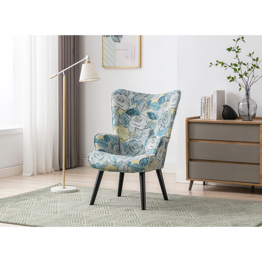 Accent Chair for Living Room, Stylish Linen Tufted Button Wingback Vanity Chair Arm Side Chair with Solid Wood Legs