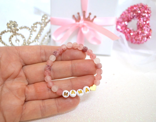 18K Gold Mama Pink Jade Bracelet, Love Mom Gift, Gift For Her, Personalized Girls Mother Day Daughter Friends