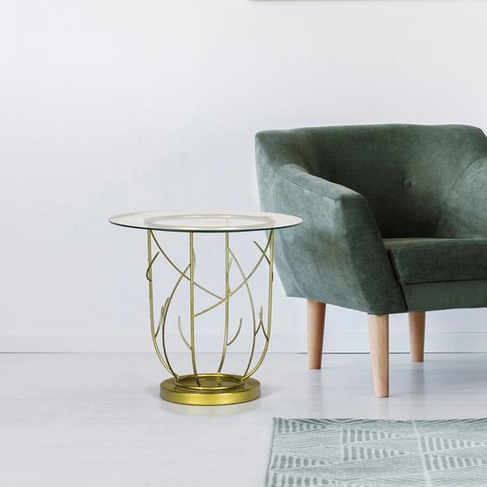 Round Side Table| Gold &clear Glass| Scratch & Chip Resistant Finish| Iron/Glass| Powder Coated| Tempered 22 X 20
