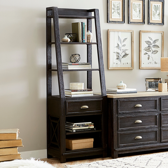 Heatherbrook Charcoal & Ash Wire Brushing Leaning Bookcase Pier