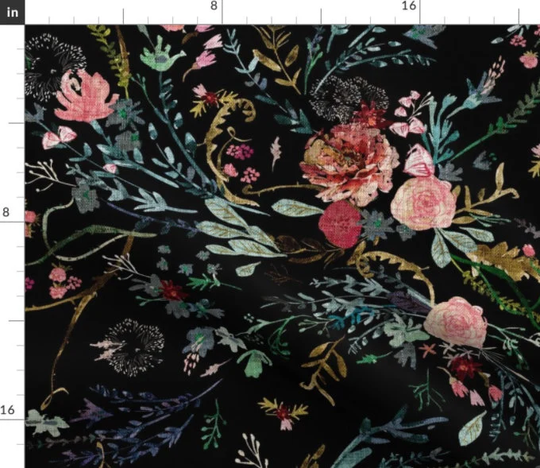 Fable Floral Black Fabric By The Yard | Blush Flowers Muted Florals Vintage Made To Order Organic