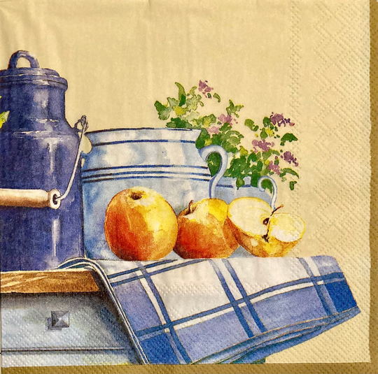 3 Decoupage Napkins, Summer Farm Kitchen Sideboard Apples, 13" X Unfolded