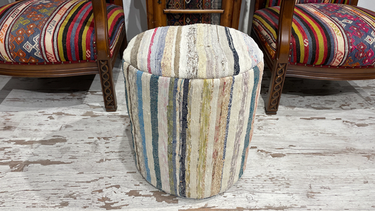 Pouf Chair Bean Bag Foot Stool Floor Seat Pillow Cushion Cover Kids Handmade Cotton Round Striped 18x18 Inches Colorful