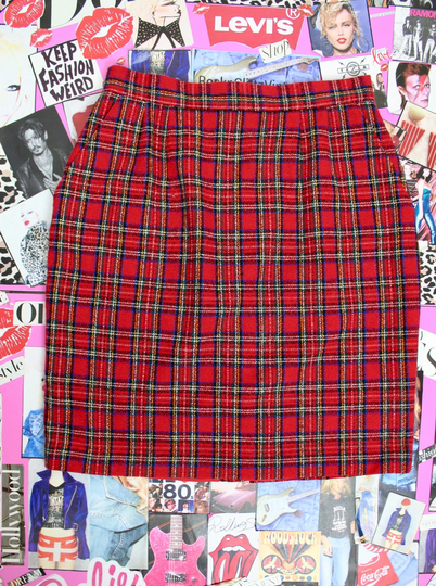 Vintage 90S Red Plaid Norton Mcnaughton Petites Skirt, 2 Side Pockets, Back Elastic Waist, Pencil Size Medium