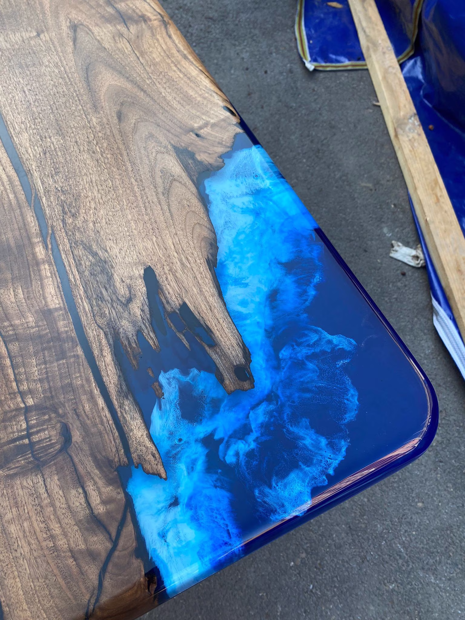Handmade Epoxy Table, Custom 96" X 36" Walnut Deep Ocean Blue River Dining, Live Edge Order For Brandon A