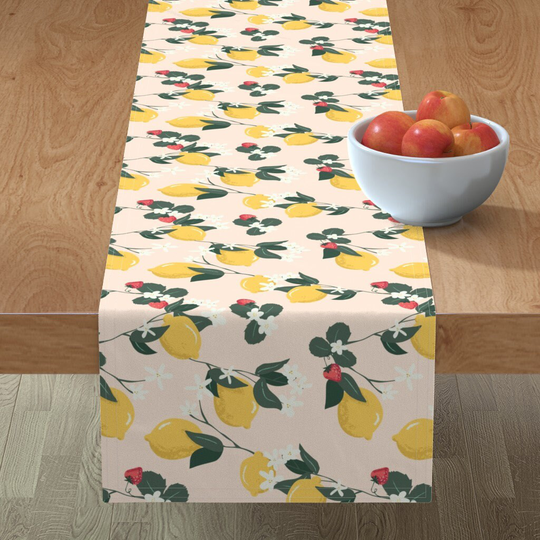 strawberry Floral Table Runner - Lemonade By Actuallycharming Yellow Citrus Cotton Sateen Spoonflower