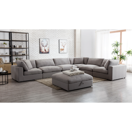 Roundhill Furniture Rivas Contemporary Feather Fill 7-Piece Modular Sectional Sofa with Ottoman