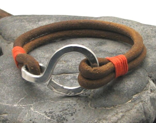 Men's Leather Bracelet.multi Strand Natural Bracelet With Hammered Metal Work Hook Clasp.gift For Him