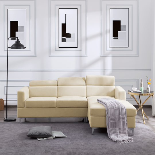 83.4" Sectional Sofa beige velvet sofa with Right hand facing Chaise