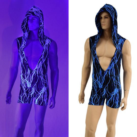 Mens Neon Blue Lightning Romper With Deep Bro V & Self Lined Hood . 4" Inseam 157897