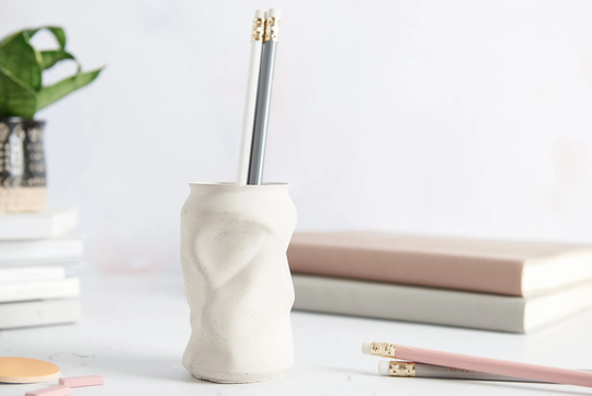 Crushed Can Style Concrete Pencil Pot, Minimal Unique Pot & Available in Multiple Colours. Perfect For Dried Flowers