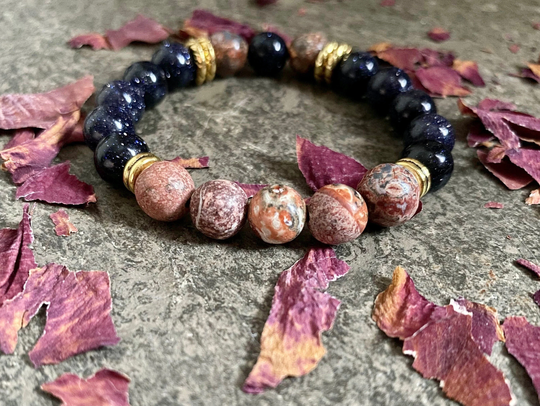 Blue Sandstone Leopard Jasper Mala Bracelet, Beaded Bracelet, Negative Energy Protection, Protection Meditation Gift
