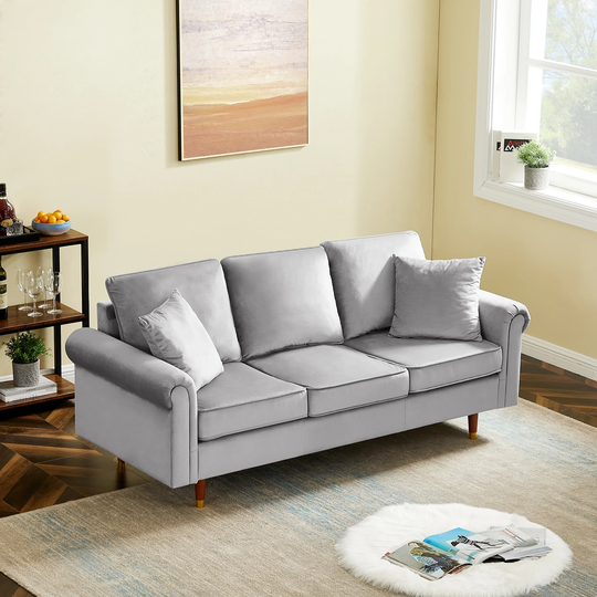 Velvet Sofa Couch with 2 Pillows, Modern 3 Seater Sofa With Wood Legs for Living Room and Bedroom Grey